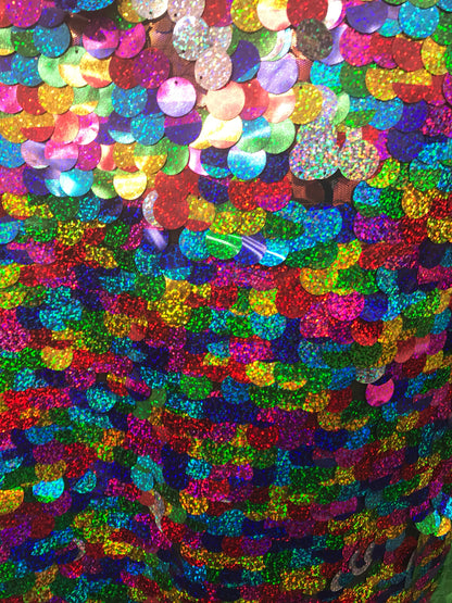 Multicolor paillette Sequins 20mm on stretch mesh 2way stretch 58/60" Sold by the YD. Ships worldwide from Los Angeles California USA