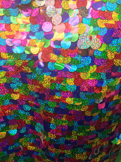 Multicolor paillette Sequins 20mm on stretch mesh 2way stretch 58/60" Sold by the YD. Ships worldwide from Los Angeles California USA