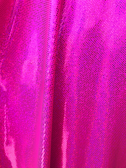 Hologram metallic dots hot pink fushia nylon spandex 4way stretch 58/60" Sold by the YD. Ships worldwide from Los Angeles California USA