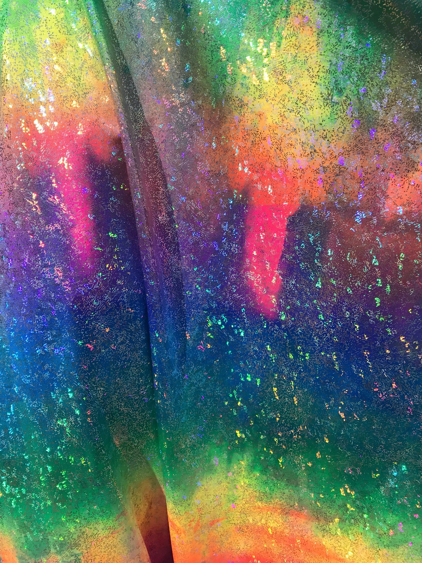 NEW Tie dye Hologram foil nylon spandex 4way stretch 58/60" Sold by the YD. Ships worldwide from Los Angeles California USA