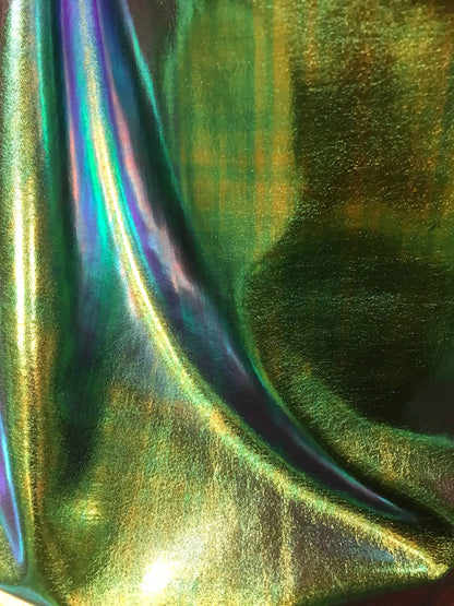 New Iridescent all over foil blue/green nylon spandex 4way Stretch 58/60" Sold by the YD. Ships worldwide from Los Angeles California USA