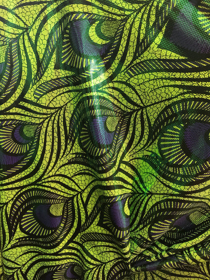 Peacock desin metallic print on nylon spandex 4way stretch 58/60" Sils by the YD. Ships worldwide from Los Angeles California USA