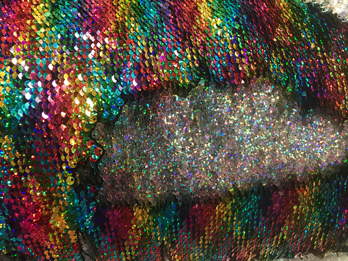 New flip up sequins diamond design multicolor 2tone reversible sequins on spandex base 2way stretch 58/60" Sold by the YD. Ships worldwide.