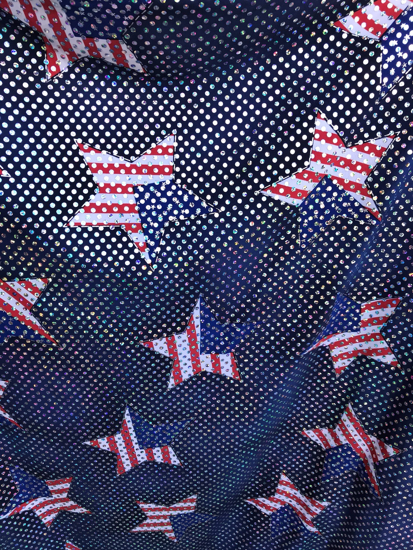 New American star design spandex fabric 4way stretch with hologram silver sequins all over 50" Sold by the YD. Ships worldwide from L.A CA