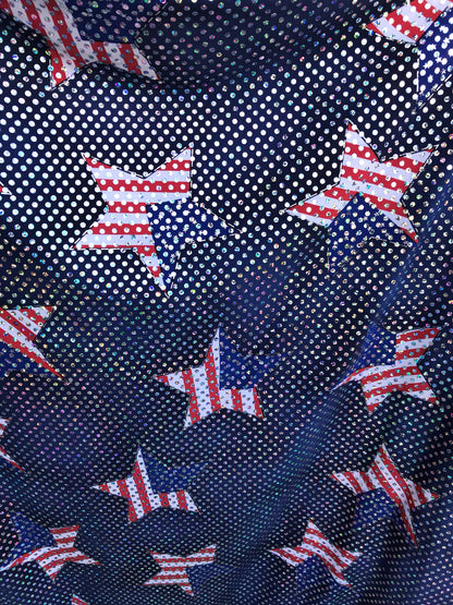 New American star design spandex fabric 4way stretch with hologram silver sequins all over 50" Sold by the YD. Ships worldwide from L.A CA