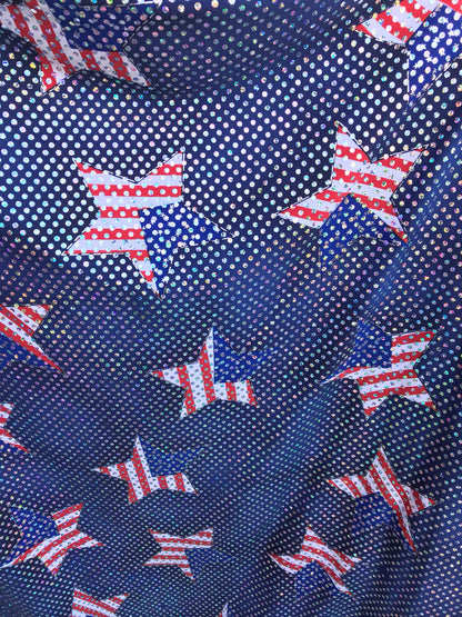 New American star design spandex fabric 4way stretch with hologram silver sequins all over 50" Sold by the YD. Ships worldwide from L.A CA