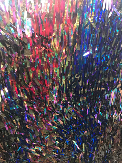 New fringe iridescent sequins on stretch mesh base 2way stretch 58/60" Sold by the YD. Ships worldwide from Los Angeles California USA