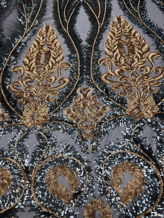 New damask design two tone sequins Victoria design on stretch mesh 2way 58/60" Sold by the YD. Ships worldwide from Los Ángeles CA