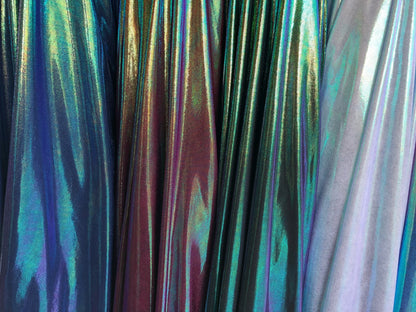 New iridescent foggy foil on nylon spandex 4way stretch 58/60" Sold by the YD. Ships worldwide from Los Angeles California USA