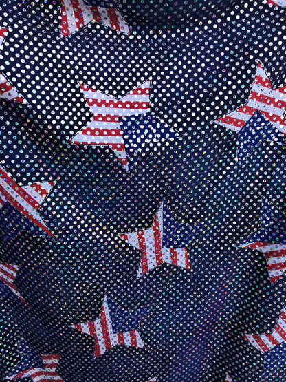 New American star design spandex fabric 4way stretch with hologram silver sequins all over 50" Sold by the YD. Ships worldwide from L.A CA