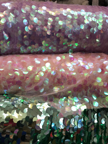 Iridescent sequins paillette design 20mm sequins size mesh base 58/60" 2way stretch. Sold bu the YD. Ships worldwide from Los Angeles CA