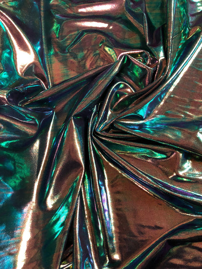 New Iridescent foggy foil oil effect metallic nylon spandex 4way stretch Sold by the YD. Ships worldwide from Los Angeles California USA