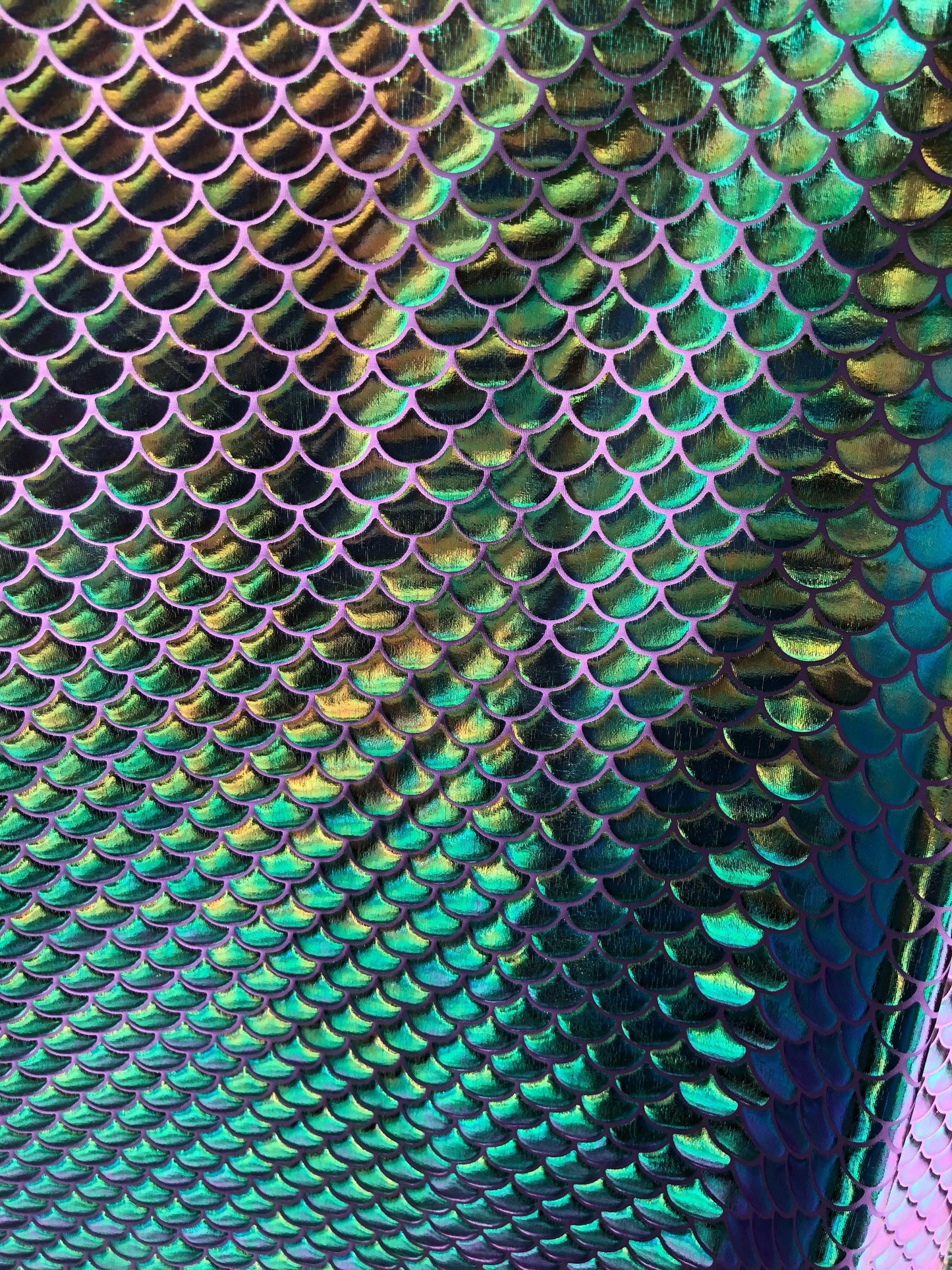 New mermaid design purple/green iridescent foil 4way Stretch 58/60" Sold by the YD. ships worldwide from Los Ángeles California USA