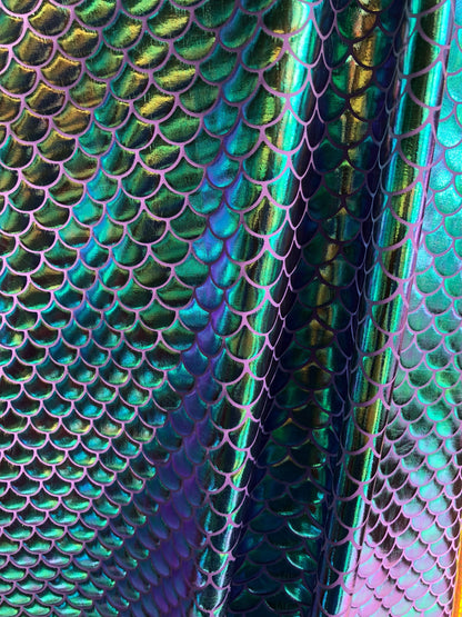 New mermaid design purple/green iridescent foil 4way Stretch 58/60" Sold by the YD. ships worldwide from Los Ángeles California USA