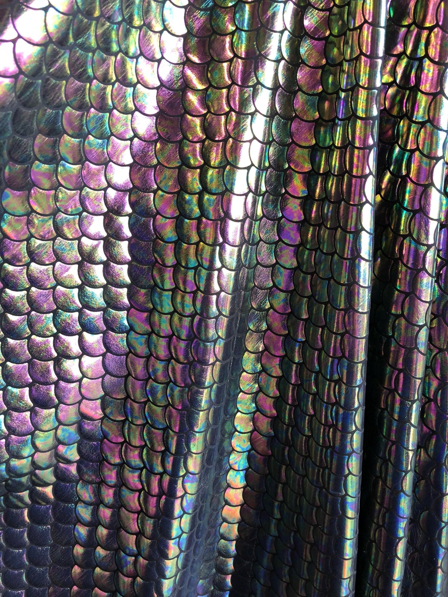 New iridescent pewter mermaid design on nylon spandex 4way Stretch 58/60" Sold bu the YD. ships worldwide from Los Angeles California USA