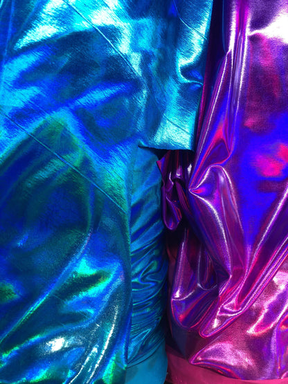 New iridescent all over foil turquoise and fuschia nylon spandex 4way stretch 58/60" Sold by the YD. Ships worldwide from Los Angeles CA USA