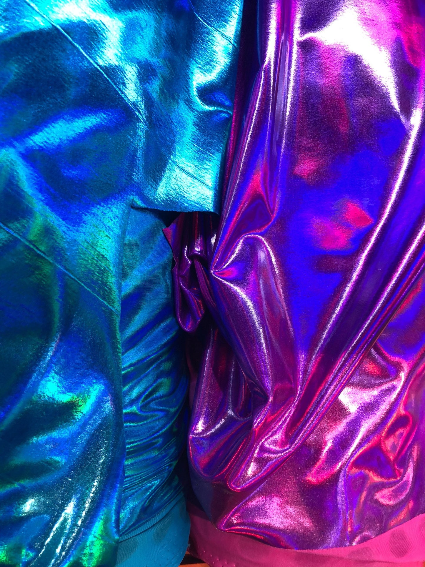 New iridescent all over foil turquoise and fuschia nylon spandex 4way stretch 58/60" Sold by the YD. Ships worldwide from Los Angeles CA USA