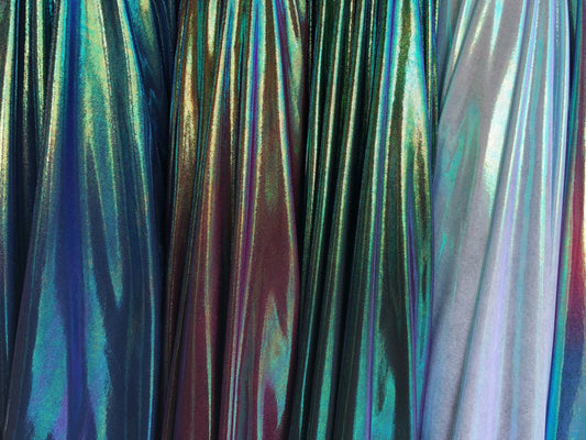 New iridescent foggy foil on nylon spandex 4way stretch 58/60" Sold by the YD. Ships worldwide from Los Angeles California USA