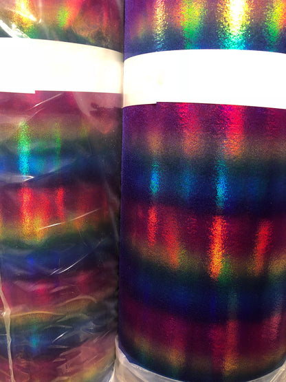 New rainbow design all over foil metallic nylon spandex 4way 58/60" Sold by the YD. Ships worldwide from Los Angeles California USA