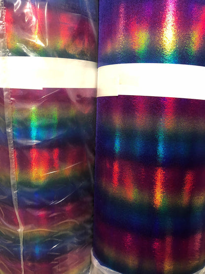 New rainbow design all over foil metallic nylon spandex 4way 58/60" Sold by the YD. Ships worldwide from Los Angeles California USA