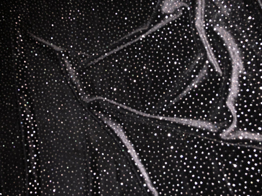 New black/silver stretch velvet with silver glitter dots 4 way stretch 58/60" Sold by the YD. Ships worldwide from Los Angeles California.