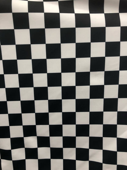 Checkered design 1" print on nylon spandex 4way stretch 58/60" Sold by the YD. Ships worldwide from Los Angeles California USA