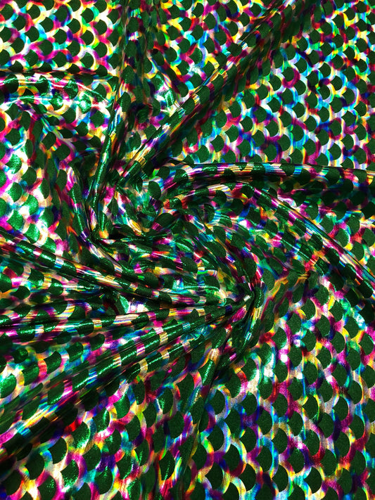 New mermaid design doble hologram foil on nylon spandex 4way Stretch 58/60" Sold by the YD. Ships worldwide from Los Angeles California USA.