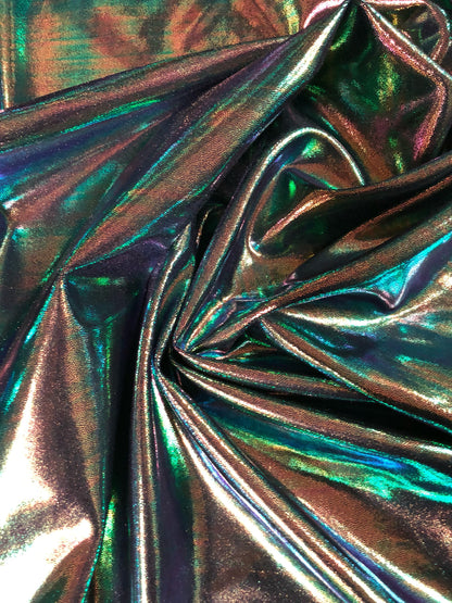 New Iridescent foggy foil oil effect metallic nylon spandex 4way stretch Sold by the YD. Ships worldwide from Los Angeles California USA