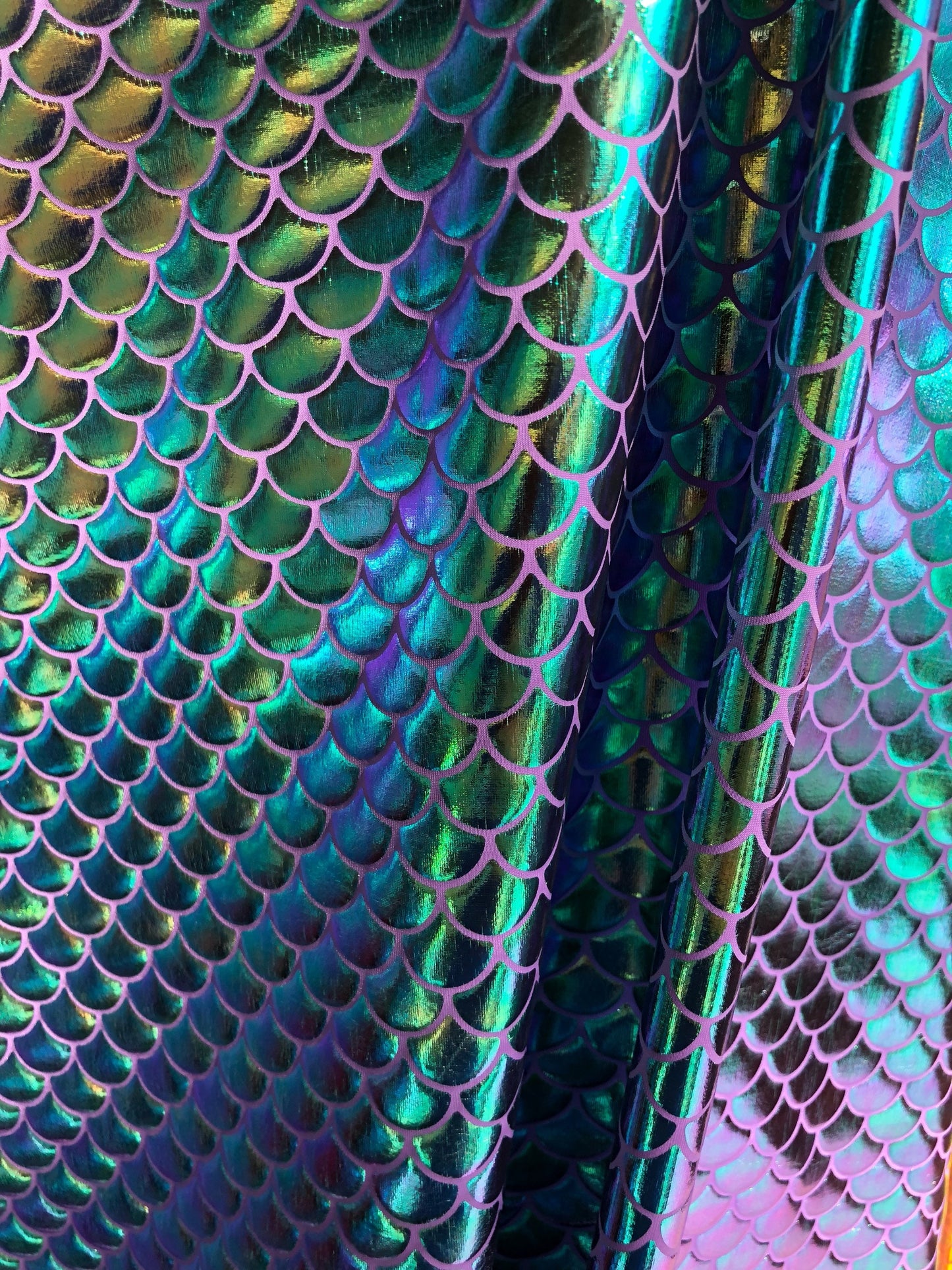 New mermaid design purple/green iridescent foil 4way Stretch 58/60" Sold by the YD. ships worldwide from Los Ángeles California USA