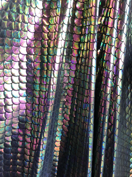 New iridescent pewter mermaid design on nylon spandex 4way Stretch 58/60" Sold bu the YD. ships worldwide from Los Angeles California USA