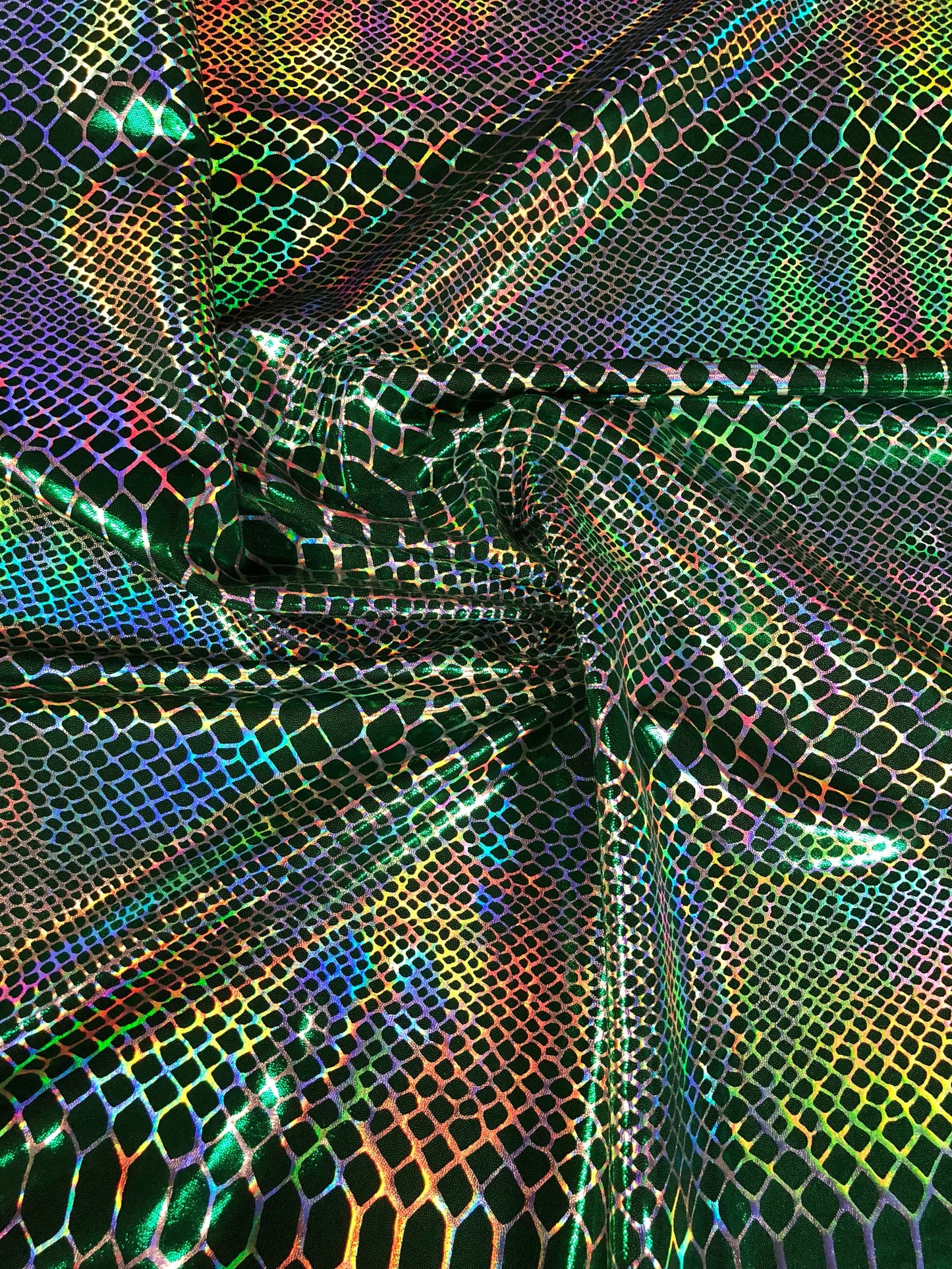 New iridescent Dragon design hologram two time foil print nylon spandex 4way Stretch 58/60" Sold by the YD. Ships worldwide from L.A CA USA