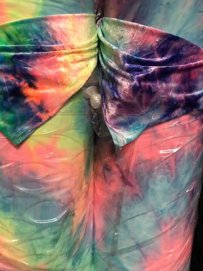 New heavy Stretch velvet tie dye print Poly Spandex 4 way stretch 58/60" Sold by the YD. Ships worldwide from Los Angeles California USA.