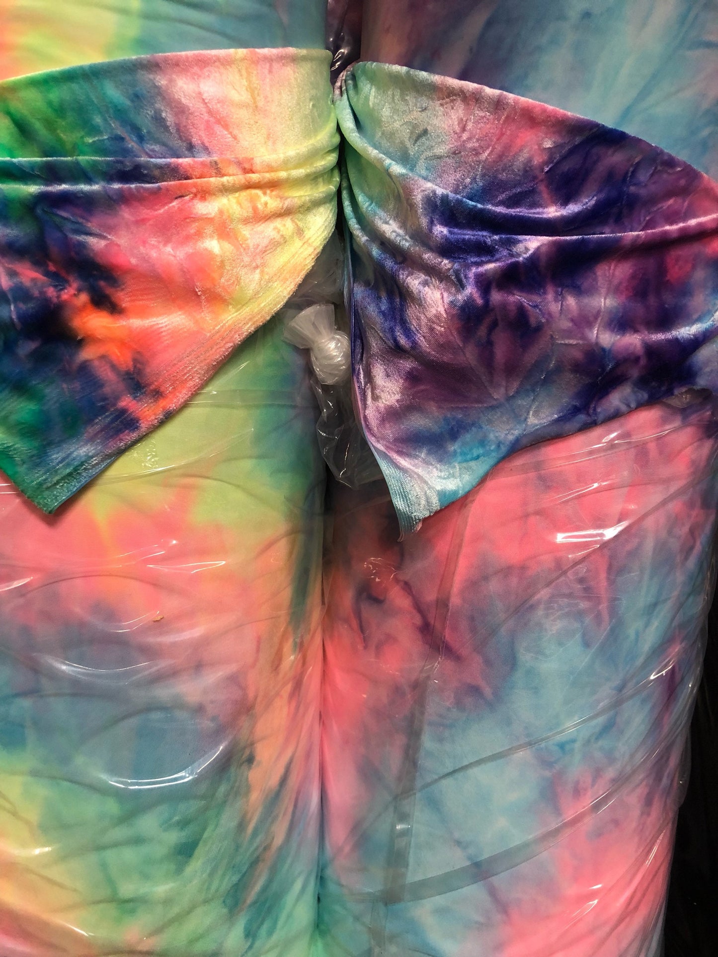 New heavy Stretch velvet tie dye print Poly Spandex 4 way stretch 58/60" Sold by the YD. Ships worldwide from Los Angeles California USA.