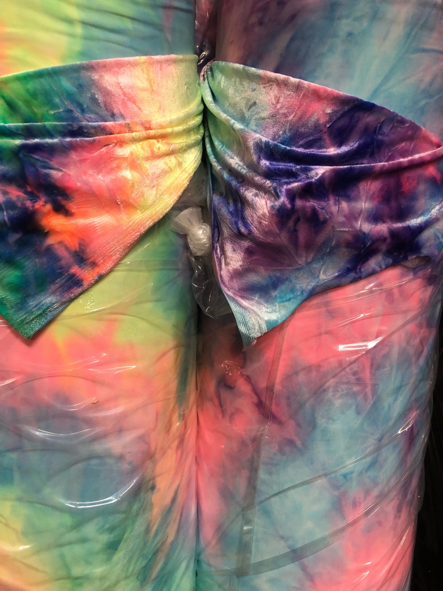 New heavy Stretch velvet tie dye print Poly Spandex 4 way stretch 58/60" Sold by the YD. Ships worldwide from Los Angeles California USA.