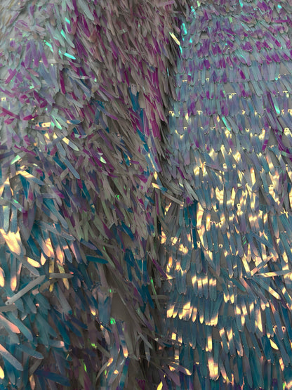 New iridescent white sequins sword design on stretch mesh base 2way stretch 58/60" Sold by the YD. Ships worldwide from Los Angeles CA USA.