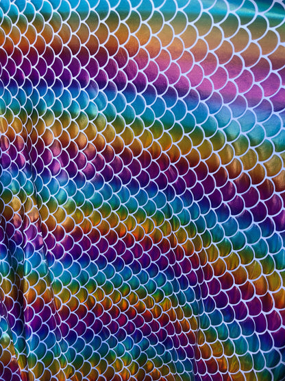 New rainbow mermaid fish scale foil on nylon spandex 4way Stretch 58/60" Sold by the YD. Ships worldwide from Los Angeles California USA