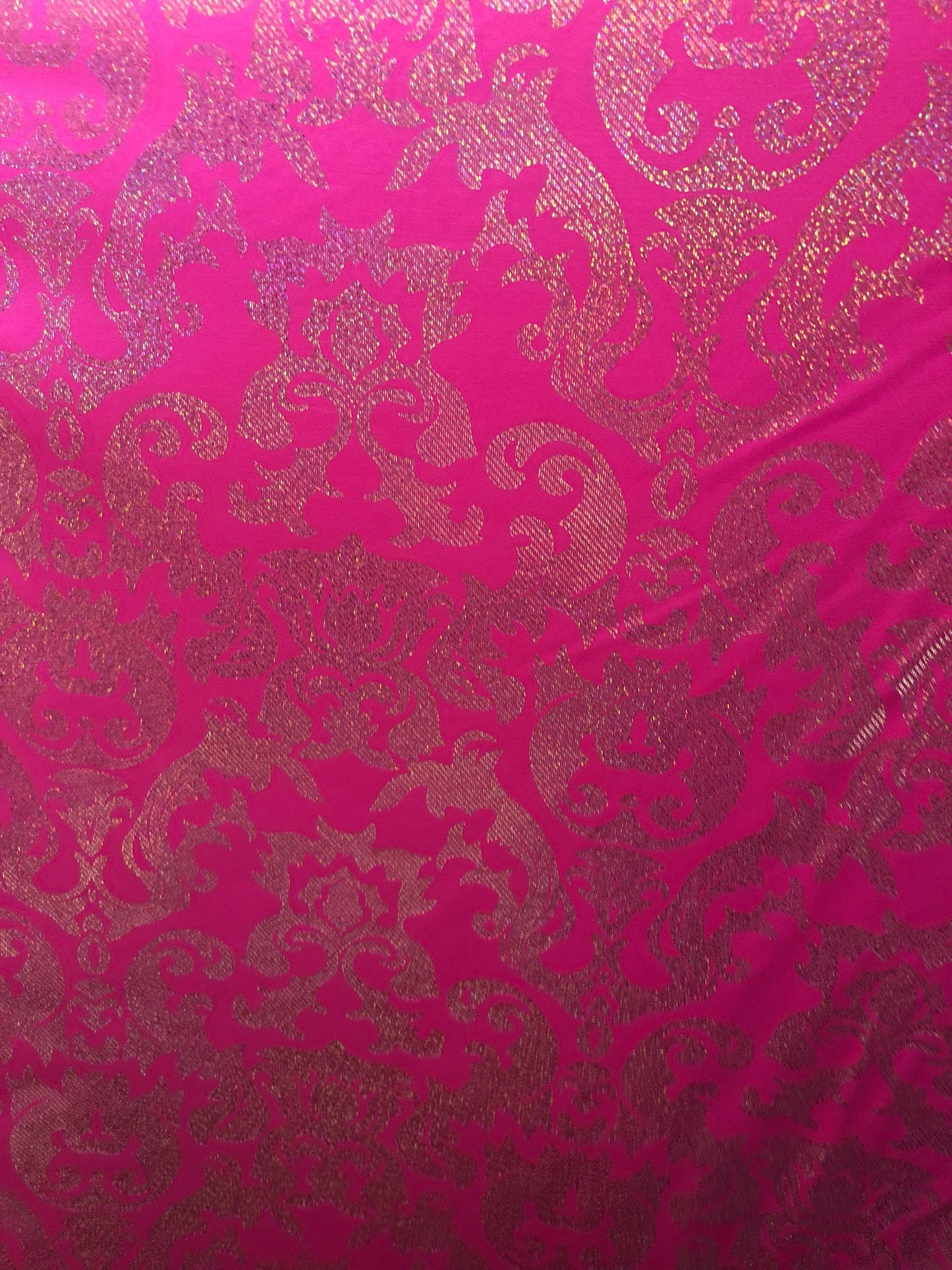 New metallic nylon spandex damask design 4way Stretch 58/60" Sold by the YD. Ships worldwide from Los Angeles California USA.