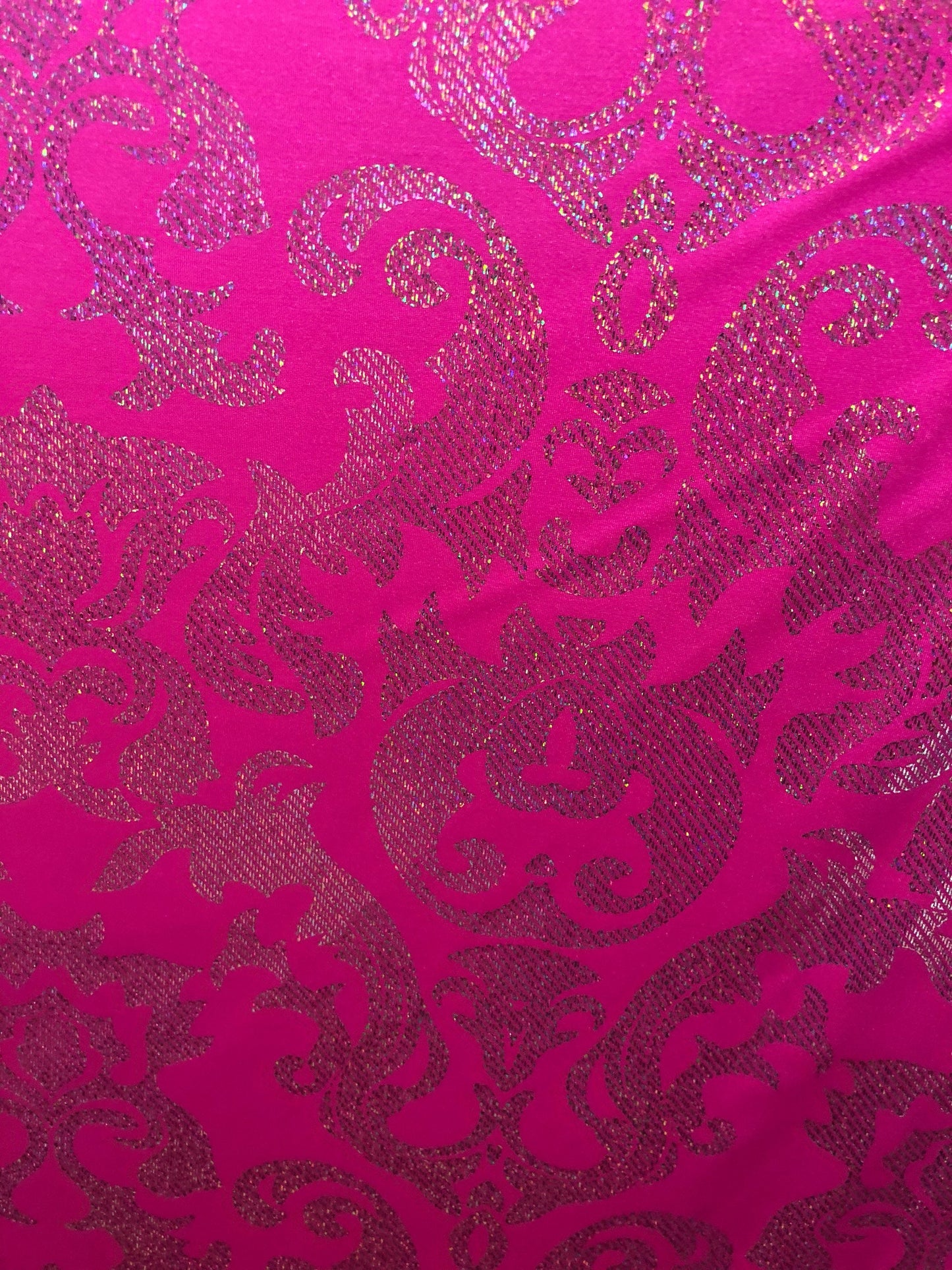 New metallic nylon spandex damask design 4way Stretch 58/60" Sold by the YD. Ships worldwide from Los Angeles California USA.