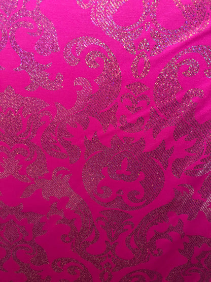 New metallic nylon spandex damask design 4way Stretch 58/60" Sold by the YD. Ships worldwide from Los Angeles California USA.