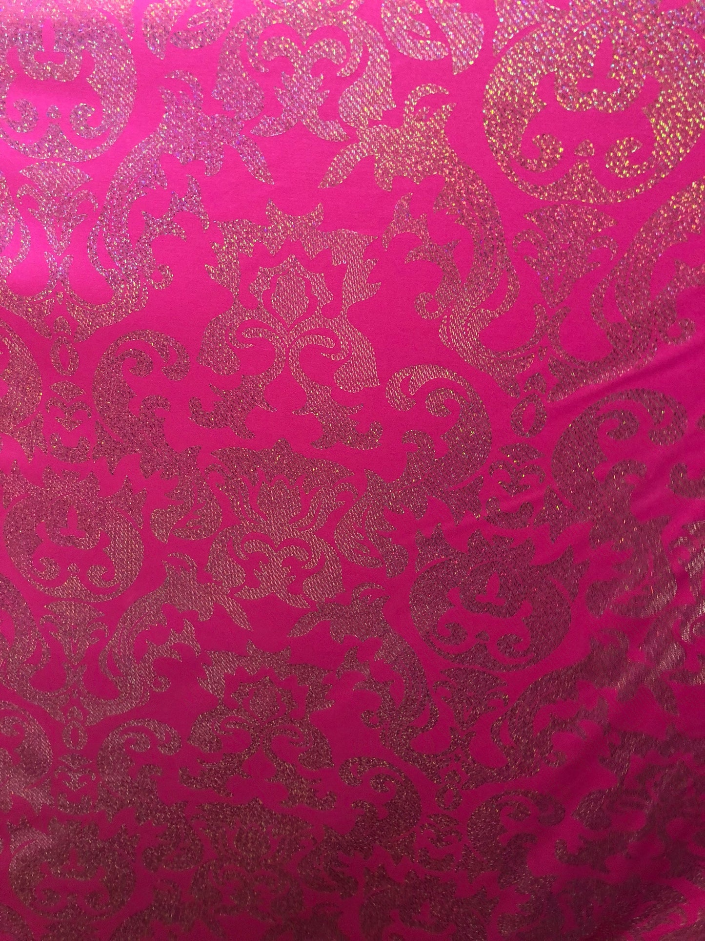 New metallic nylon spandex damask design 4way Stretch 58/60" Sold by the YD. Ships worldwide from Los Angeles California USA.