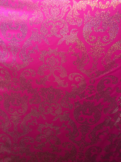 New metallic nylon spandex damask design 4way Stretch 58/60" Sold by the YD. Ships worldwide from Los Angeles California USA.