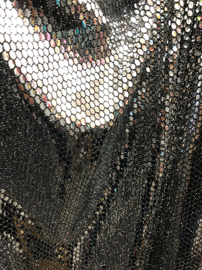 New silver sequins Honeycomb design on spandex base 2way Stretch 58/60" Sold by the YD. Ships worldwide from Los Angeles California USA