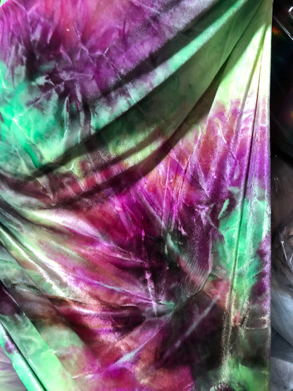 New heavy stretch velvet tie dye magenta/green 4 way stretch 58/60" Sold by the YD. Ships worldwide from Los Angeles California USA