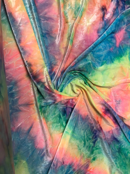 New tie dye heavy stretch velvet 4way Stretch 58/60" Sold by the YD. Ships worldwide feom Los Angeles California USA.