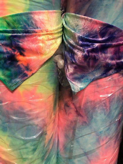 New heavy Stretch velvet tie dye print Poly Spandex 4 way stretch 58/60" Sold by the YD. Ships worldwide from Los Angeles California USA.