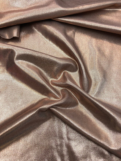 New all over foil nylon spandex rose gold color 4way Stretch 58/60" Sold by the YD. Ships Worldwide from Los Angeles California USA