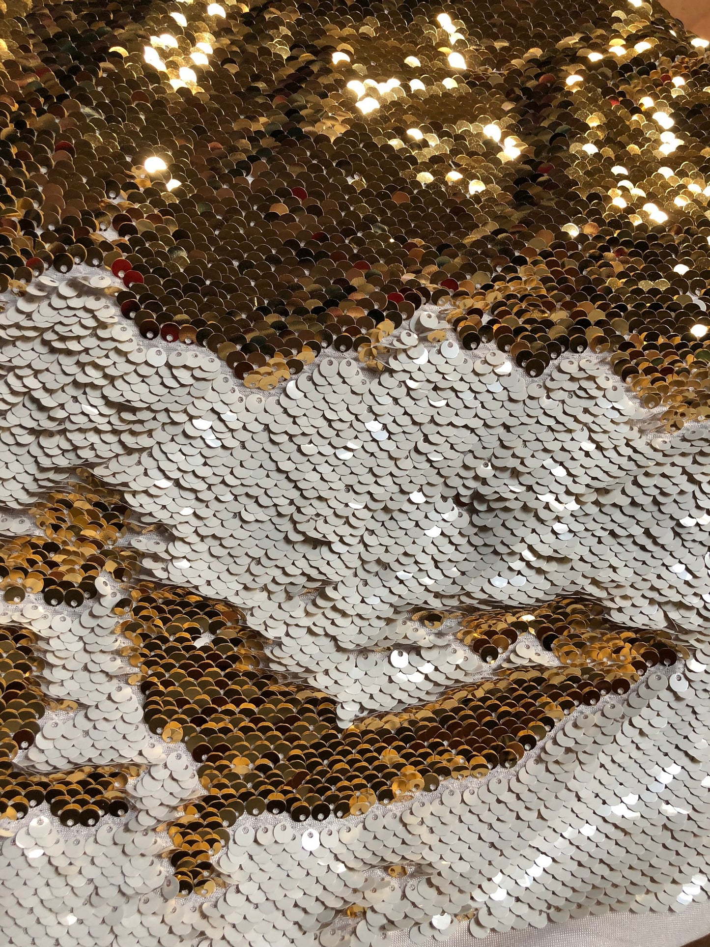 New reversible mermaid sequins white/gold on spandex base 2way 58/60" Sold by the YD. Ships Worldwide from Los Angeles California USA