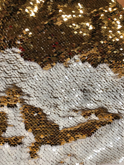 New reversible mermaid sequins white/gold on spandex base 2way 58/60" Sold by the YD. Ships Worldwide from Los Angeles California USA