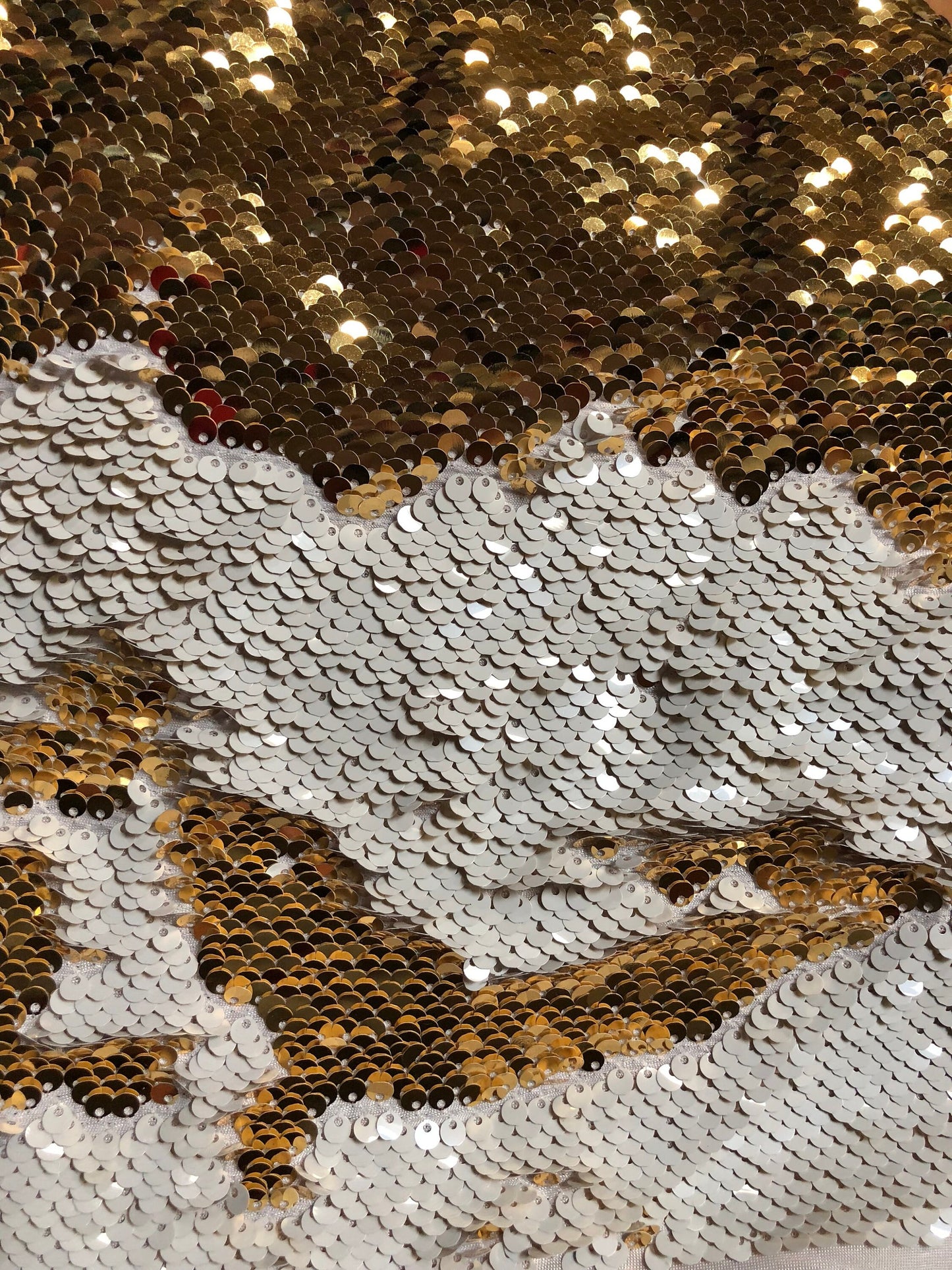 New reversible mermaid sequins white/gold on spandex base 2way 58/60" Sold by the YD. Ships Worldwide from Los Angeles California USA