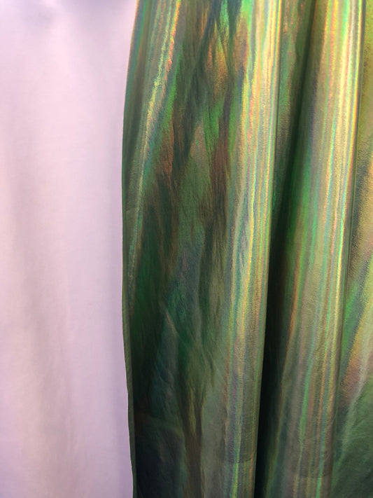 New iridescent olive foil metallic nylon spandex 4way stretch 58/60" Sold by the YD. Ships worldwide from Los Angeles California USA.